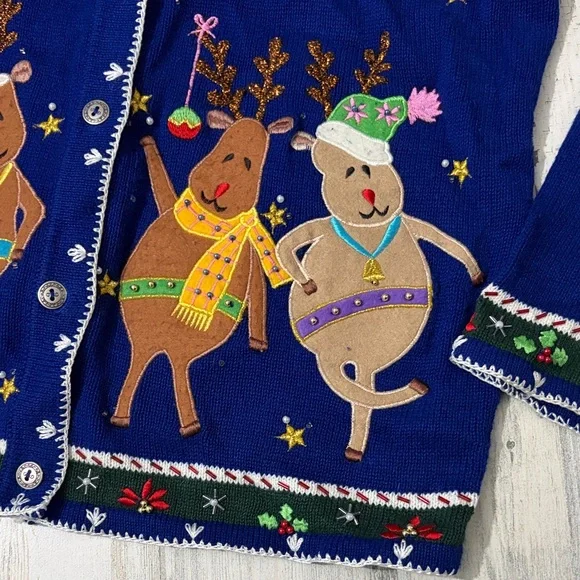 Vintage Blue Festive Christmas Cardigan Size Large - Picture 3 of 13